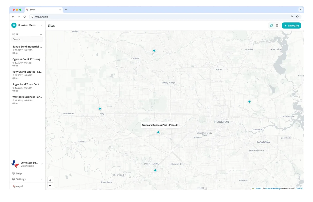 Swyvl platform — upload spatial data, share a branded link, the recipient opens it in any browser