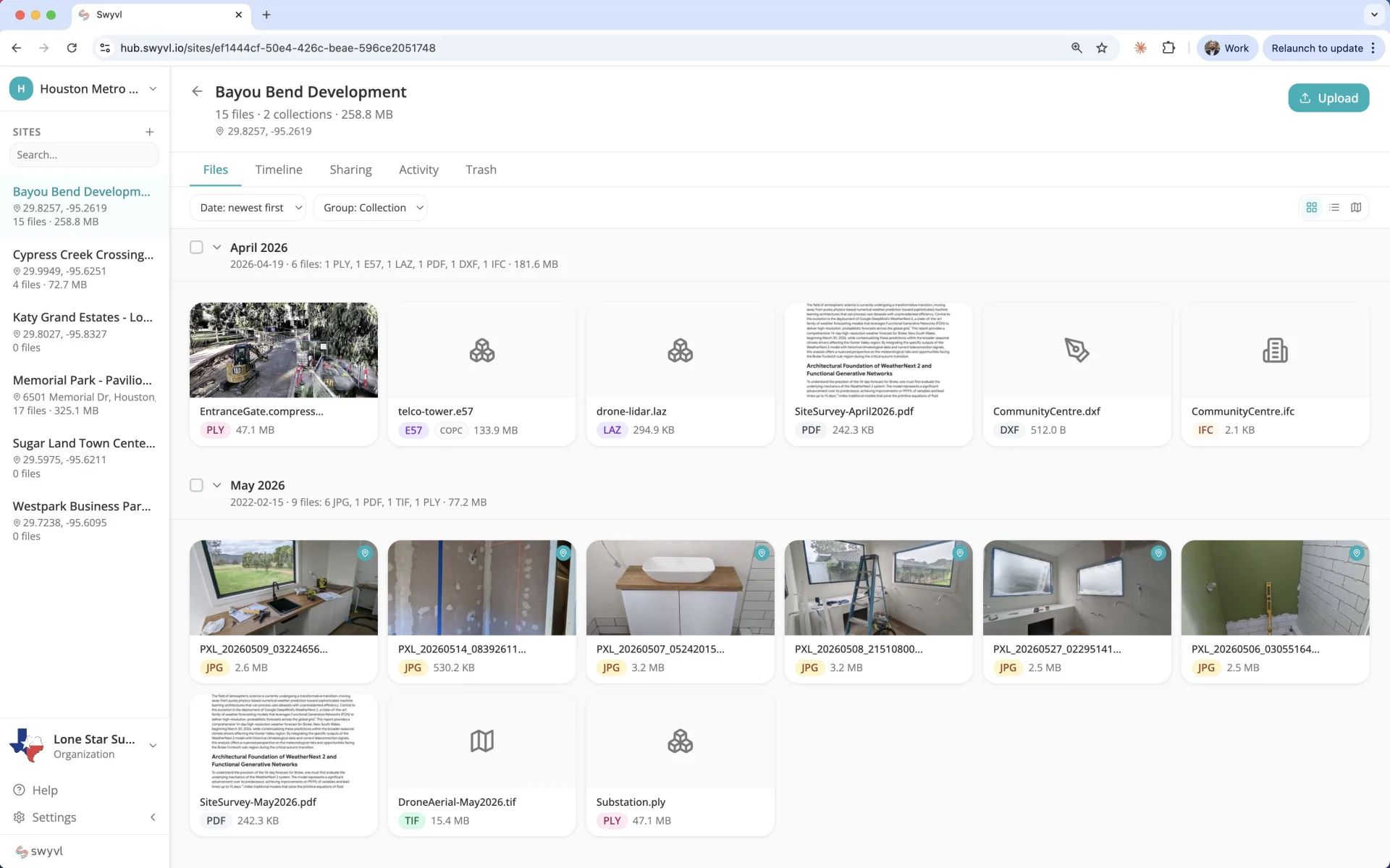 Swyvl hub interface — a site page showing files organised by capture session