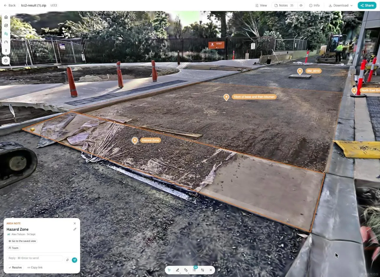 A walkthrough scan open in the browser, with notes pinned to places on site and a hazard zone outlined