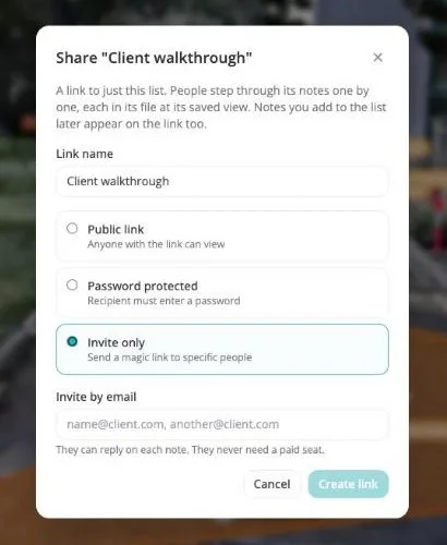 The Share list dialog in Swyvl: a link to just this list, with Public link, Password protected and Invite only options, and an Invite by email field. The note under it says they can reply on each note and never need a paid seat.
