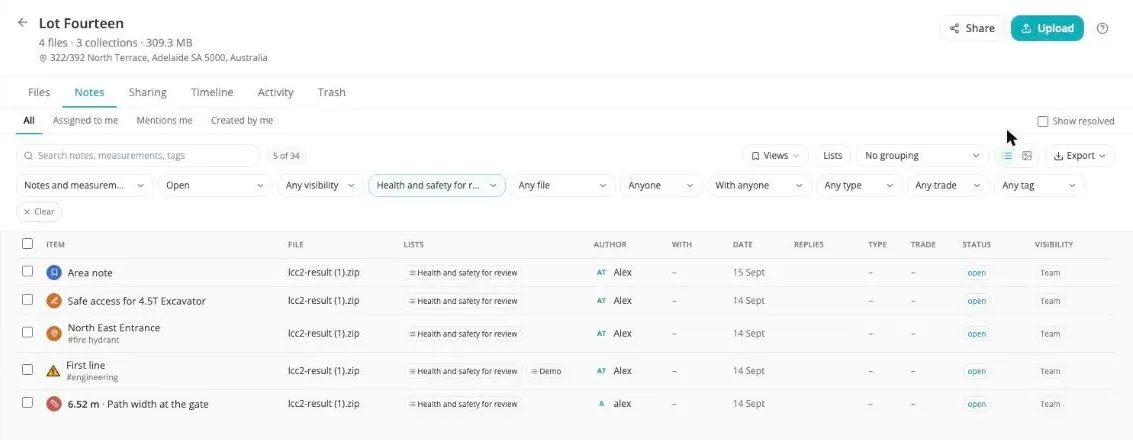 The site Notes tab: a table of notes filtered to one list, with columns for item, file, lists, author, assignee, date, replies, status and visibility, and filters for list, file, person, type, trade and tag.