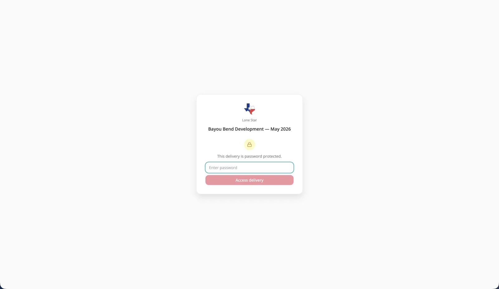 A password-protected Swyvl share link before the password is entered: the sender's logo, the delivery name, a lock icon and a password field