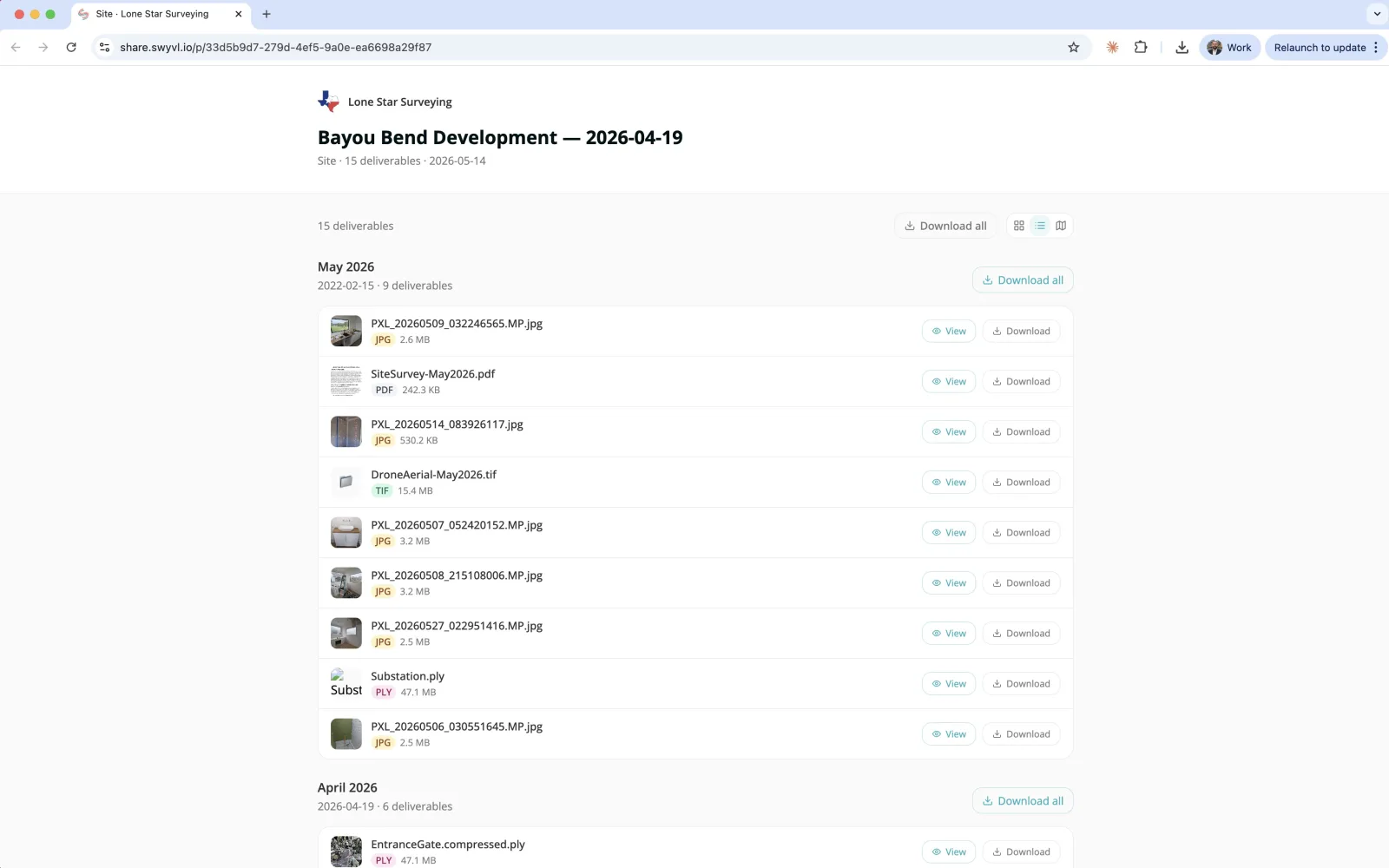 Swyvl share portal — a client-facing delivery page with files, branding, and approval controls
