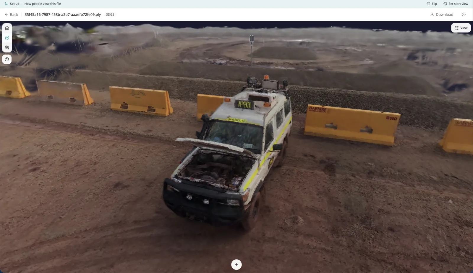 A Gaussian splat of a mine-site light vehicle beside yellow concrete barriers on a red-dirt haul road, in Swyvl's browser viewer